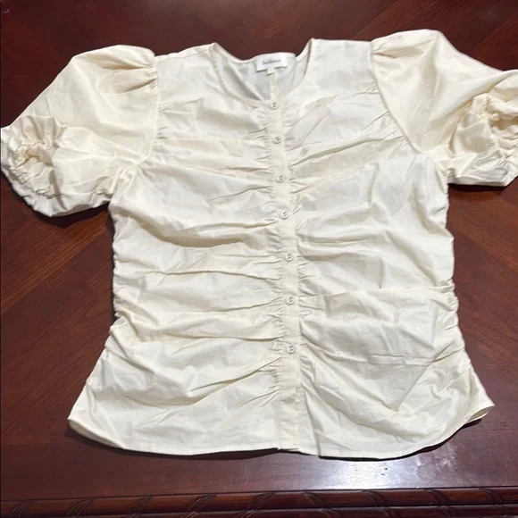 Anthropologie Bohme Cream Ruched Puff Sleeve cottage core milkmaid Frankie top - Picture 2 of 12